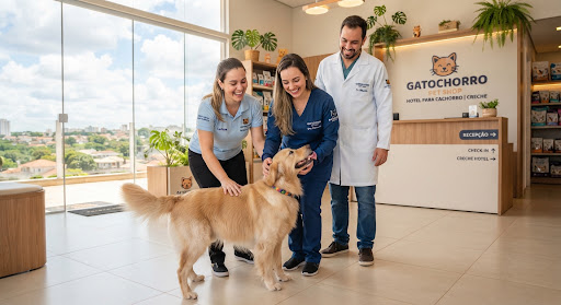 Equipe Gatochorro com cachorro na recepção do Creche Hotel